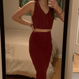 Two Piece Set Dress - Burgundy - S - Skirt/Top